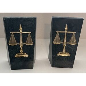 Pair Vintage SCALES of JUSTICE Lawyer Attorney Green Marble & Brass Bookends, 8"